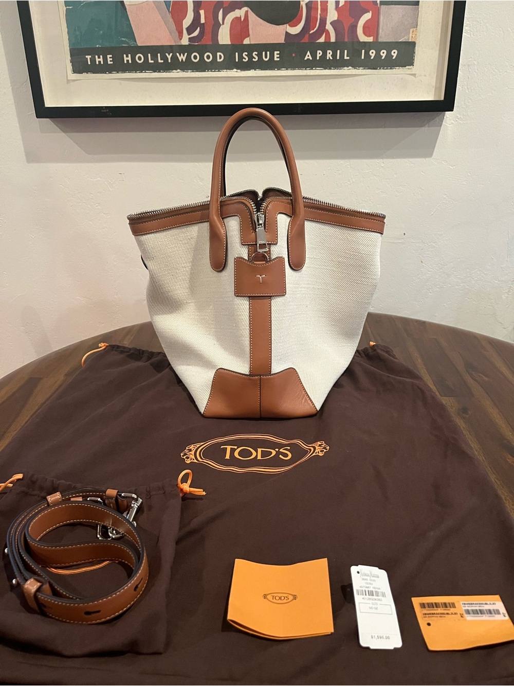 Tod's White Canvas and Brown Leather Di Swing Tote Bag